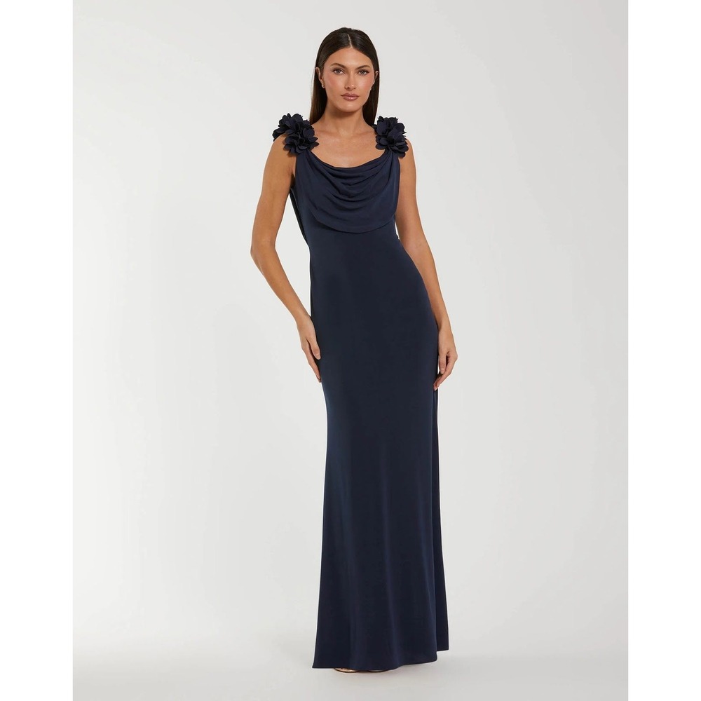 Mac Duggal Midnight Blue Floral Shoulder Cowl Neck Evening Gown Dress XS NWT